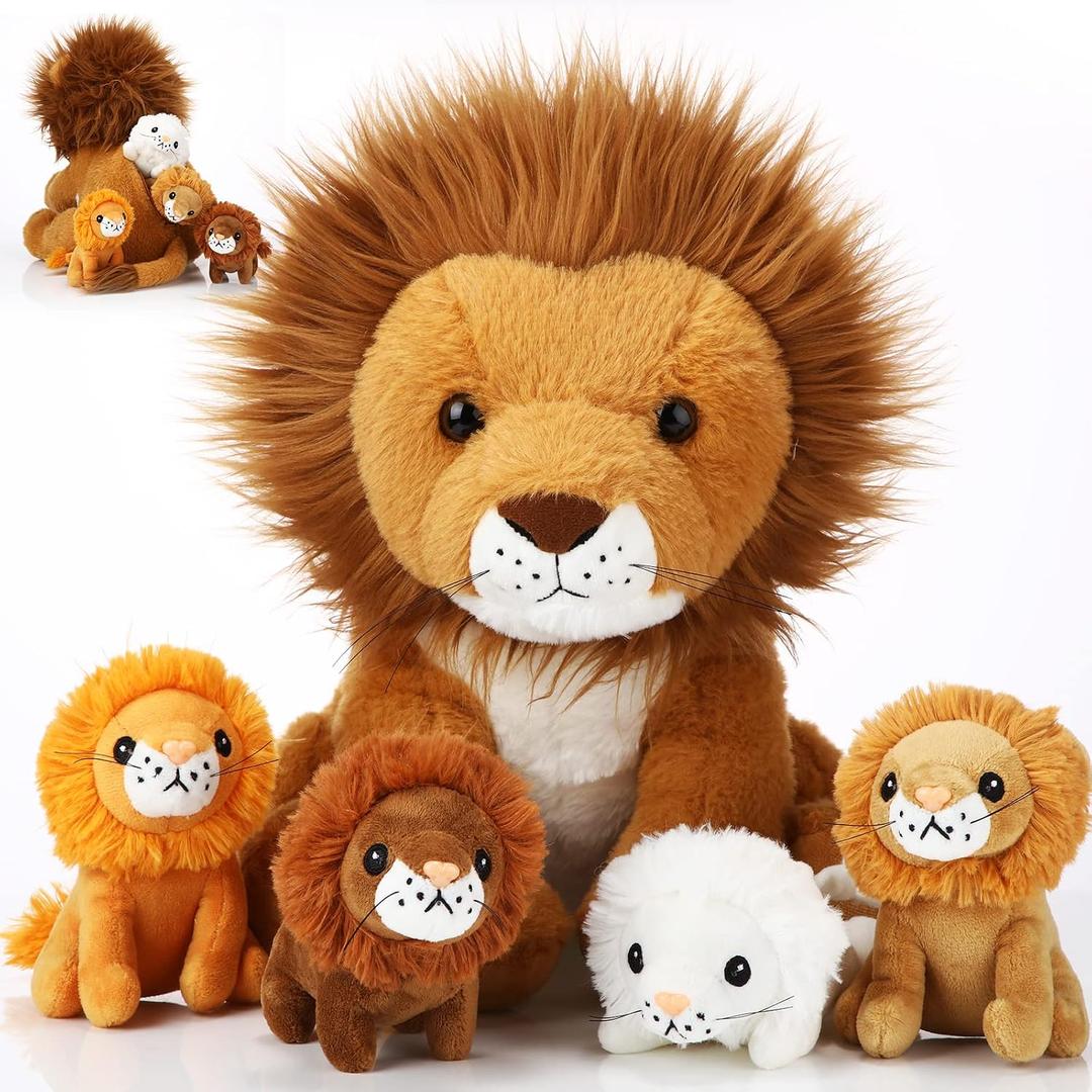 Honoson 5 Pcs Lion Plush Set 14 Inch Large Lion Stuffed Animal with 4 Cute Babies in Back Soft Cuddly Plushie for Boys Girls Birthday Favors Gifts Party(Classic Style)