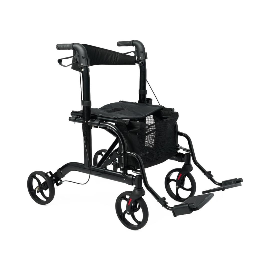 Medline Walker Wheelchair Combo, Rollator Walker for Seniors with Seat, Foldable Transport Chair with Footrests, 300 lb Capacity, Breathable Nylon, 18" Wide Seat, Black