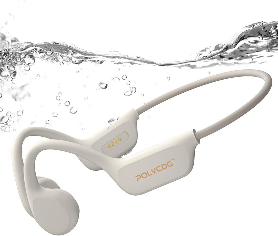 Swimming Headphones,IPX8 Waterproof Bone Conduction Headphones,32GB Memory Open Ear Headphones with Mic,Wireless Earphones Underwater Sport Earbuds for Workout Running Cycling Gift (Cream)
