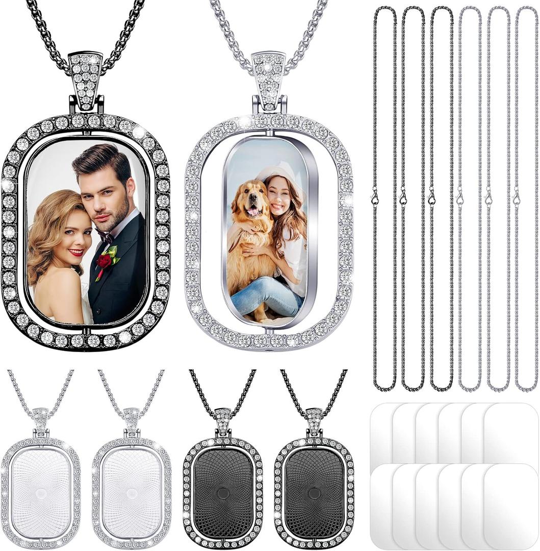 Junkin 24 Pcs Sublimation Rhinestone Trays Pendant Set, Including 6 Double Sided Blank Rhinestone Bezel Trays, 6 Pcs Thick Chains with 12 Sublimation Discs for Making (Black, Silver)