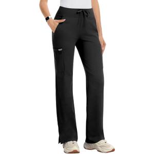 Yoga Scrub Pants Women High-Rise Straight Leg Uniform Cargo Bottom with Yoga Waistband,5 Pockets & 4-Way Stretch (Medium, Black)