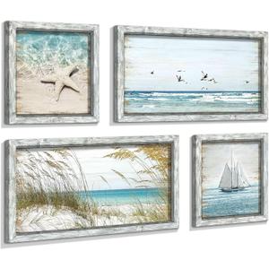 Beach Framed Wooden Pictures Wall Art: Coastal Art Set of 4 Seascape Prints Starfish Pictures Ocean Artwork for Bedroom Overall 36"W x 24"H