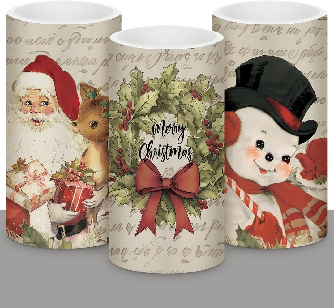 Retisee 3 Pcs Vintage Christmas Flameless Candles Retro Christmas Battery Operated LED Candles with Remote Vintage Nostalgic Xmas Decor for Holiday Dining Table Bedroom Living Room Party Supplies