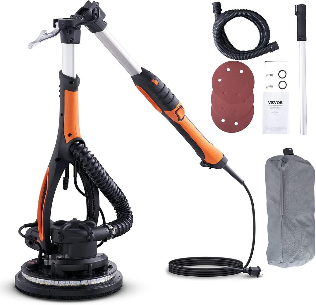 VEVOR Wall Smoother, 900W Electric Tool with 12 Sanding Discs, 800 to 1800 RPM Speed, 3 Vacuum Hoses, Collapsible for Ceiling Use, Dual LED Lights, Telescoping Handle, and Built-in Dust Collector