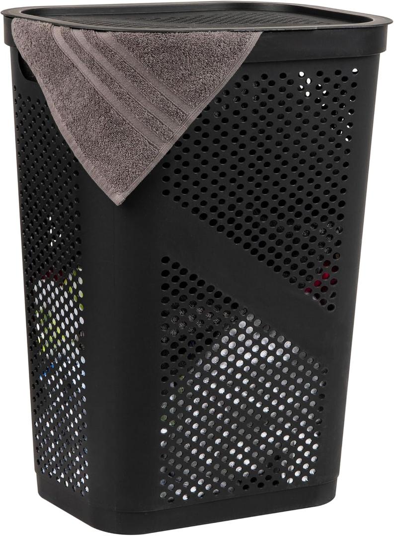 Mind Reader Slim Laundry Hamper with Lid, 60L Clothes Basket, Ventilated Plastic, Black, Single