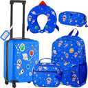 Redbaker 6 Pcs Kids Luggage Set 17 Inch Kids Rolling Luggage Double Pattern Suitcase for Girls Boys School Gift(Light Blue, Astronauts)