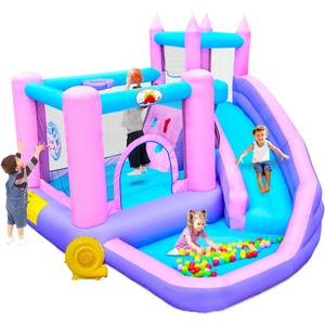 WELLFUNTIME Inflatable Bounce House with Slide, Kids Jumping Castle with Blower, Ball Pit, Climbing Wall, Dartboard, Basketball Hoop, 108x122x86 Inch