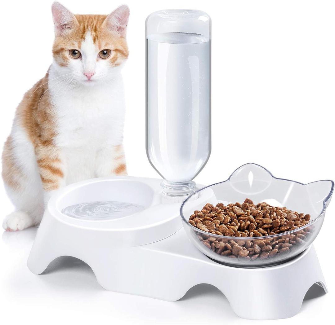 MILIFUN Double Dog Cat Bowls - Pets Water and Food Bowl Set, 15Tilted Water and Food Bowl Set with Automatic Waterer Bottle for Small or Medium Size Dogs Cats (White)