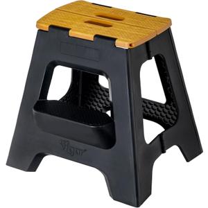 Vigar Compact Step Stool Foldable, 16-inch Two-Step Stools for Adults up to 330 Pound, Lightweight Stool, Non-Slip Folding Step Stool, Black, Bamboo Print on Top