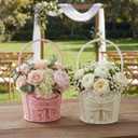 Youyole 2 Pcs Baby Shower Basket with Handle Woven Wicker Bow Wedding Basket for Treasure Storage Gathering Foraging Wedding Birthday Party Baby Shower, Pink White, 11" x 6"x 6"