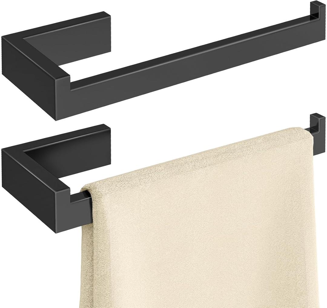 Hand Towel Holder for Bathroom Wall 2 Pack -Square Hidden Mount with Dual Screws, Anti-Slip End, Stainless Steel, Matte Black