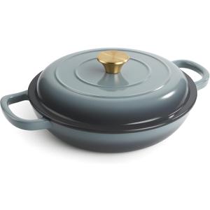 3 Quart Enameled Cast Iron Braiser, Non Stick Enameled Cast Iron Skillet with Lid, Dutch Oven Skillet with lid up to 500°F for Oven, Stove, Grill, Shallow Dutch Oven for Cook, Bake (Gray)