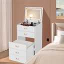 3-in-1 Corner Vanity Desk & Nightstand Combo with Flip-up Mirror and Rolling Stool, Glass Top Makeup Dressing Table with Hidden Storage Drawers for Small Bedroom Spaces