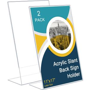 Sanwuta 2 Pack Acrylic Sign Holder,Slant Sign Display Stand,Transparent Flyer Holder Frame Plastic Document Display for Workers Teachers Office Home Menu Desktop(11 x 17 Inch)