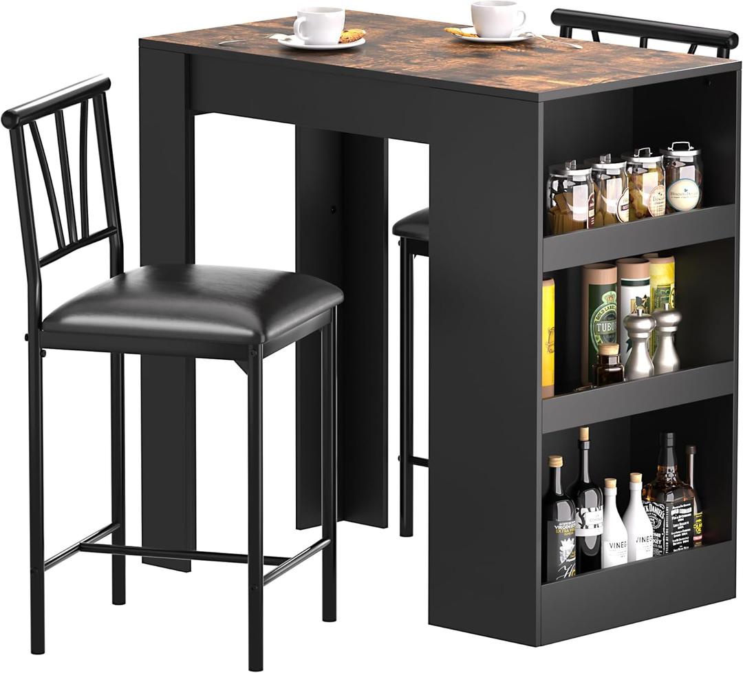 VECELO Small Bar Table and Chairs Tall Kitchen Breakfast Nook with Stools/Dining Set for 2, Storage Shelves, Space-Saving, Retro
