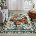 Wonnitar Butterfly Insect Print Machine Washable Rug 5x7, Ultra-Thin Soft Rug for Bedroom, Boho Non Slip Non-Shedding Carpet for Living Room Playroom Nursery (5'x7',Beige/Green)