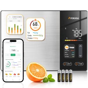 Atogou Smart Food Kitchen Scale with Nutrition Calculator, Color Display & Free App, Precise Portion Control, Calorie & Macro Tracking for Weight Loss & Meal Prep Grey