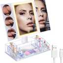 Trifold Makeup Mirror with Lights and Magnification 3X, 5X, 10X, Clear Cosmetic Storage Organizer, 3 Way Lighted Vanity Mirror, 3 Color Changing Dimming Touch Tabletop Mirror