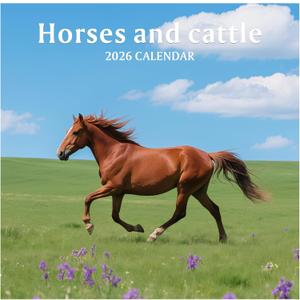 2026 Wall Calendar, Large Monthly Wall Calendar Dogs, Jan 2026 - Dec 2026, 12" x 24" (Opened), Hanging Planning Calendars for Family Home Office Supplies (Horses and Cattle)