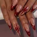 4 x 24 Pcs Christmas Press on Nails Long Stiletto Red French Tip with Glitter Design Almond Fake Nails Full Cover Glossy Red Bow Pattern False Nails Artificial Acrylic Stick on Nail for Women (Styl 37)