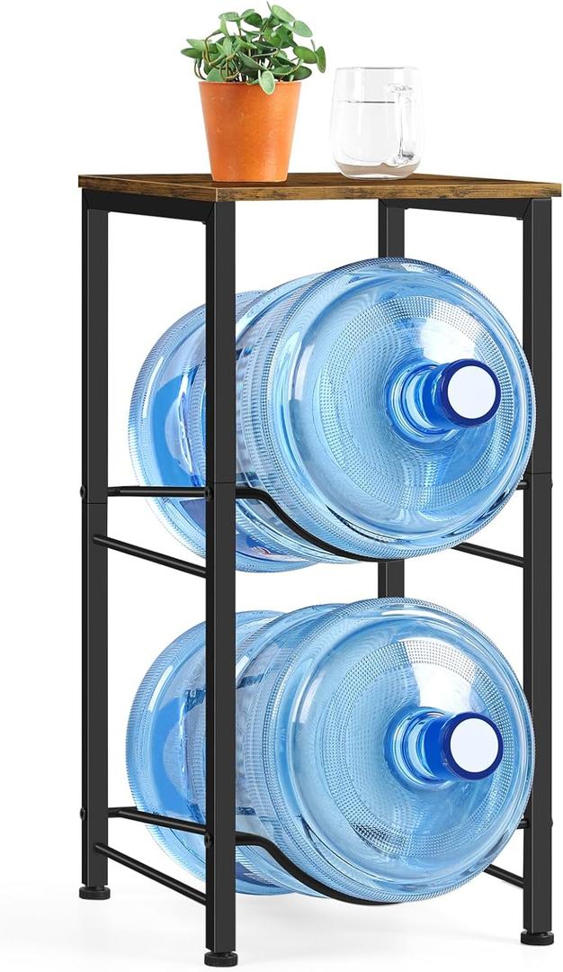 Brown Heavy Duty 5 Gallon Water Bottle Holder - 2 Tier Water Cooler Storage Rack With Top Shelf - Dispenser Stand for Kitchen, Living Room, Office