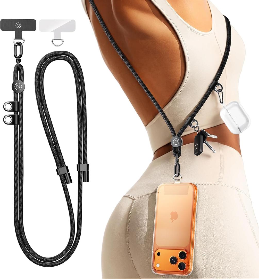 3 x Phone Lanyard Crossbody with 2 Hanging Loops: Metal Buckle Adjustable Skin-Friendly Cell Phone Strap for iPhone Around,Hands-Free Universal Anti Theft Neck Lanyards For Outdoor Travel,Black