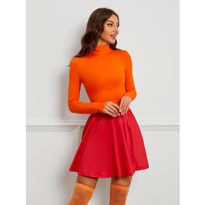 Laqeyko Womens Basic Mock Neck Slim Fitted Long Sleeve Turtleneck Pullover Crop Tee Top with Red Skirt and Orange Socks, XL