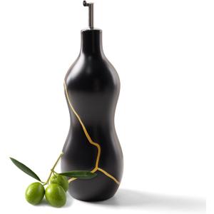 BosilunLife Ceramic Olive Oil Dispenser Bottle, 14 Oz Oil Cruet with Elegant Gold Accent & Curved Ergonomic Design, NonDrip Vinegar Bottle for Kitchen & Dining, Black