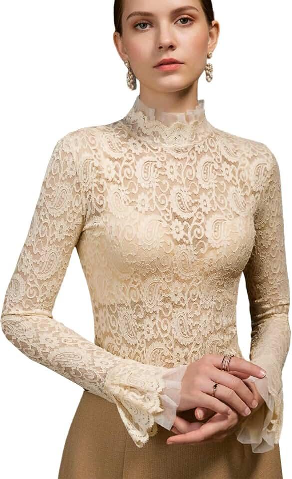METWAY Lace Top for Women Long Sleeve Lace Shirt Sheer Turtleneck See Through Floral Mesh Undershirt Going Out Blouse, size: Medium