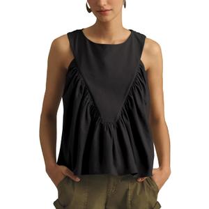 Hixiaohe Shirred Swing Tank Tops for Women Fashion Flowy Sleeveless Shirts Casual Crew Neck Blouse Loose Fit Ruffled Tops (Black, S)
