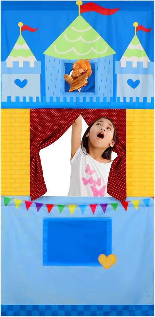 VitalCozy Doorway Puppet Theater with 2 Adjustable Rods Fits in Most Doorways 67 x 31 Inch Foldable Hanging Puppet Show Theater for Christmas Holiday Home (Castle Style)