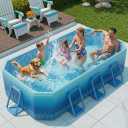 116"×70"×20" Foldable Pool for Kids and Adults,Non-Inflatable Swimming Pool with Metal Frame,Thickened PVC and PP Board Support,Large Stable Collapsible Pool for Family Dogs Backyard Outdoor Blue