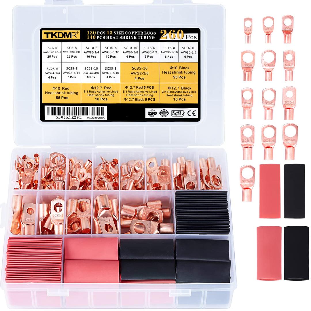TKDMR 260Pcs Copper Wire Lugs AWG2 4 6 8 10 12 with Heat Shrink Set, 120Pcs Battery Cable Lugs Battery Cable Ends Ring Terminals Connectors with 140Pcs Heat Shrink Tubing Assortment Kit (13 Kind Sizes)