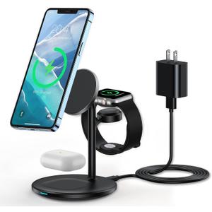 XooFly 3 in 1 Wireless Charging Station for Apple Devices, Fast Wireless Mag-Safe Charger Stand with 20W Adapter for iPhone 17/16 15 14 13 12 Pro Max/Pro/Plus/Air/Mini, iWatch, AirPods (Black)