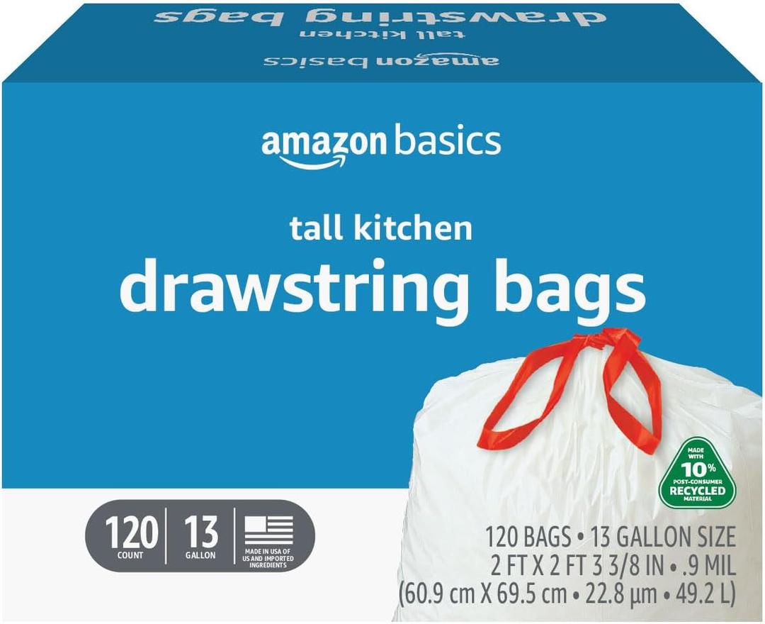 Amazon Basics 13 Gallon Tall Kitchen Drawstring Trash Bags, Unscented, 10% Post Consumer Recycled, 120 Count, White