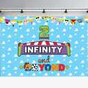 2 to infinity and inspired Beyond Birthday Backdrop Two inspired Infinity Banner 2 Infinity & Beyond Bday Decorations Photo Prop for Boys Girls Cartoon Story 2nd Bday Party Supplies,5 * 3ft