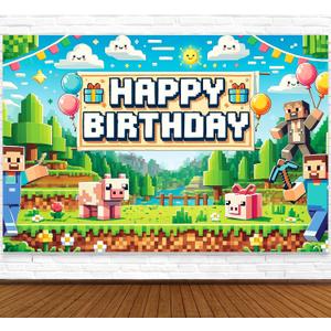 Pixel Backdrop Happy Birthday Banner Boy 6x4ft Miner Bday Sign Villager Gaming Birthday Party Decorations Videogame Themed Banner Video Game Decorations Video Game Backdrop for Boys