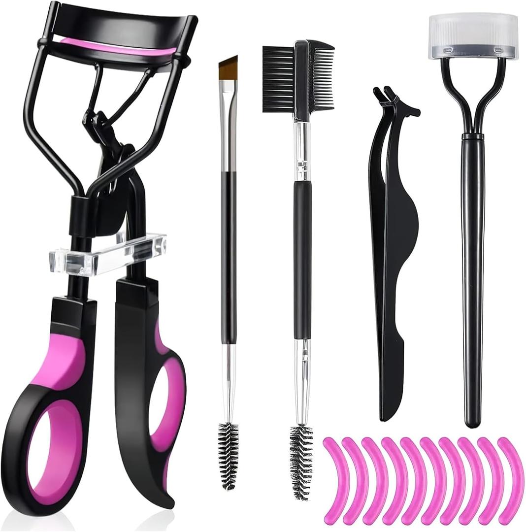 Eyebrow Brush Kit for Women with Eyelash Comb Seperator, Lash Curler, Mascara Brushes, Angled Eyebrow Brush and Comb, Eyelash Extension Tweezers and 10 Silicone Refills Pads