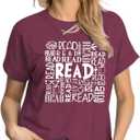 Reading Teacher Shirt Women-Cute Read More Books Short Sleeve Library Book Lovers Daisy Tee Tops (Red, L)