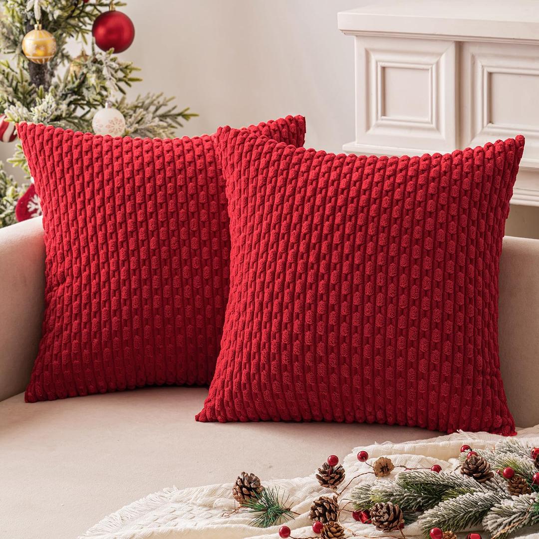 MIULEE Christmas Red Throw Pillow Covers Soft Corduroy Decorative Set of 2 Boho Striped Pillow Covers Pillowcases Farmhouse Home Decor for Couch Bed Sofa Living Room 20x20 Inch