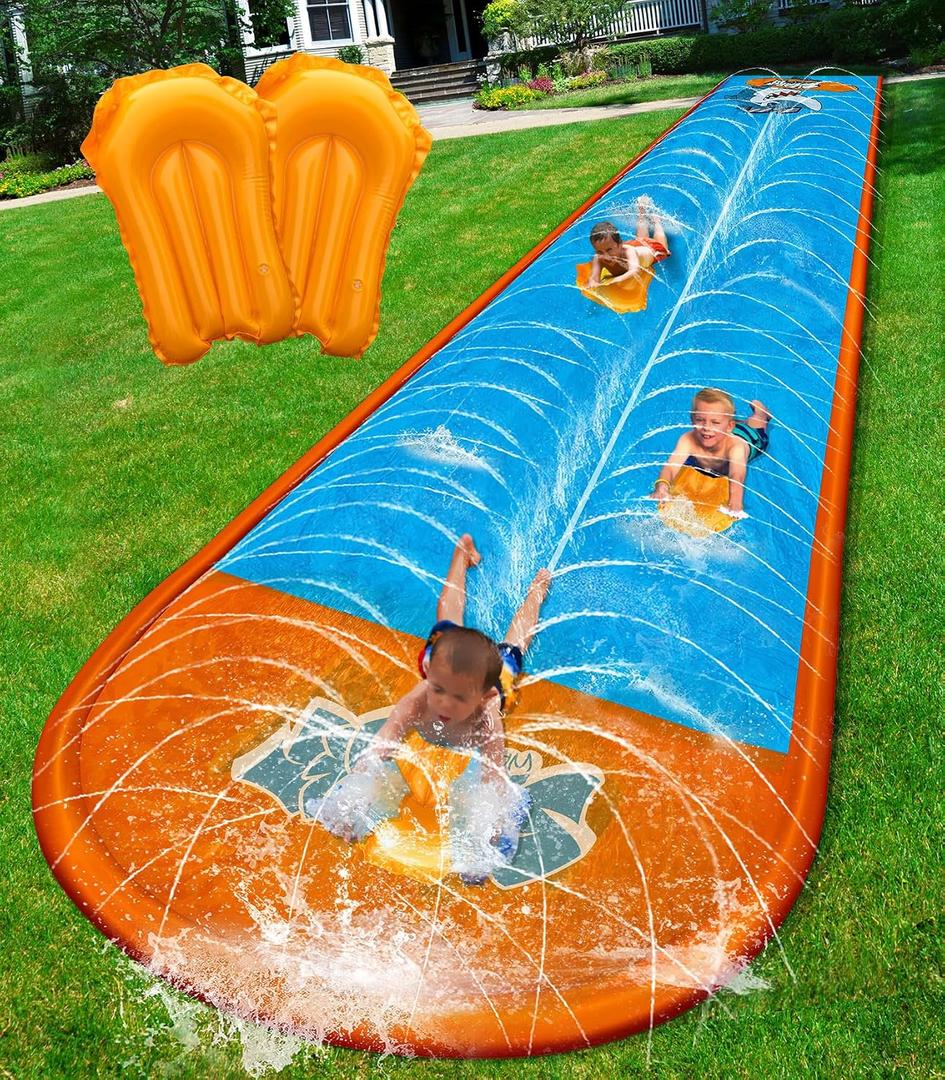 Spring Water Slip and Water Slide, 32ft *2 Lanes Slip Water Slides for Kids Backyards Ages 5-8 8-12 with Sprinkler and Inflatable Bodyboards, Summer Water Fun Toy for Outdoor Lawn Games Play, 32ft-Double Lane
