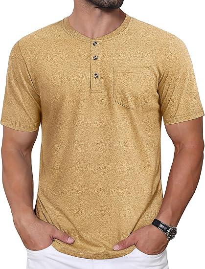 CRYSULLY Men's Henley Shirt Short Sleeve Cotton T-Shirts Pocket 3 Button Tops Lightweight Casual Basic Tee L