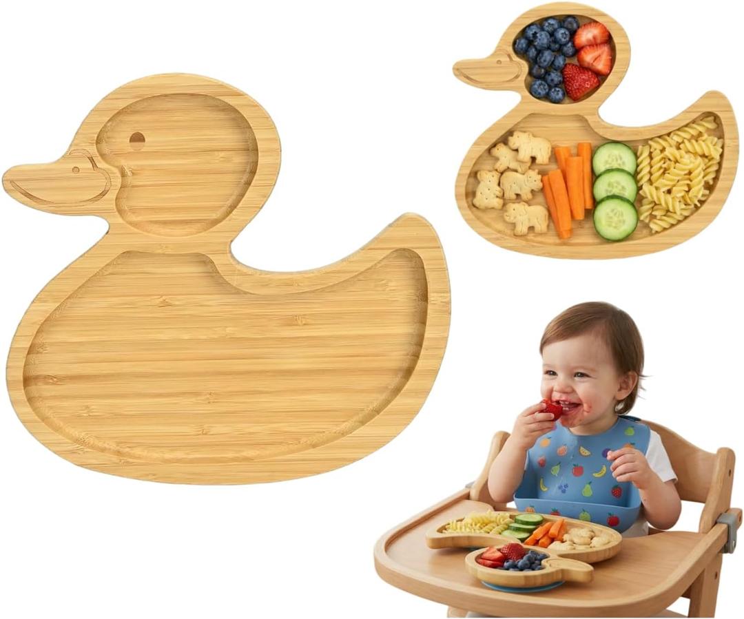 Bamboo Plates for Kids, Wooden Divided Plate Duck Design Promotes Self-Feeding,Toddler Plates Ideal for Busy Moms & Dads