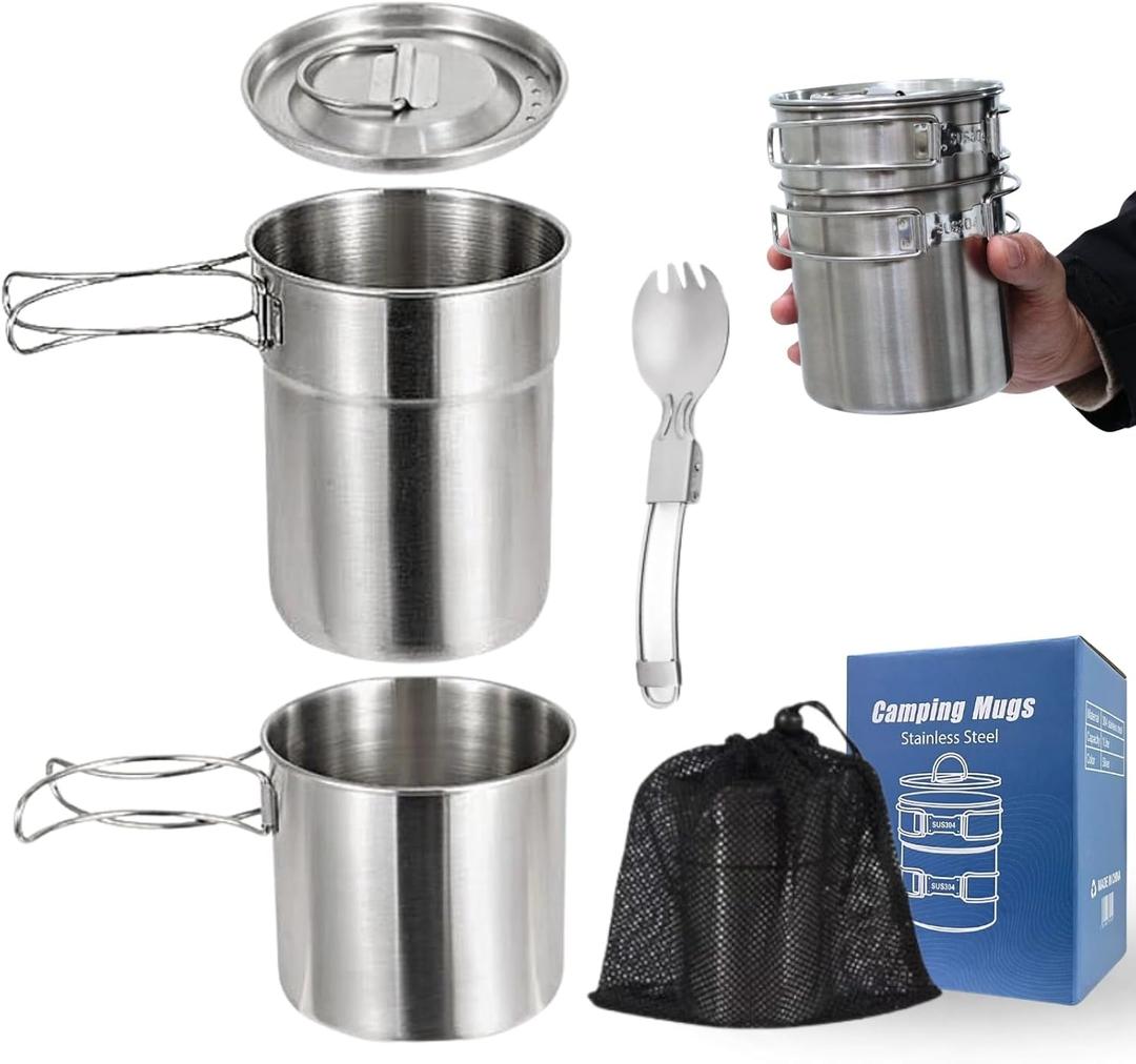 BeGrit Camping Cups Mugs Stainless Steel Camping Pot Food Grade Metal Camping Cookware with Folding Spoon, Vented Lids (5pcs)