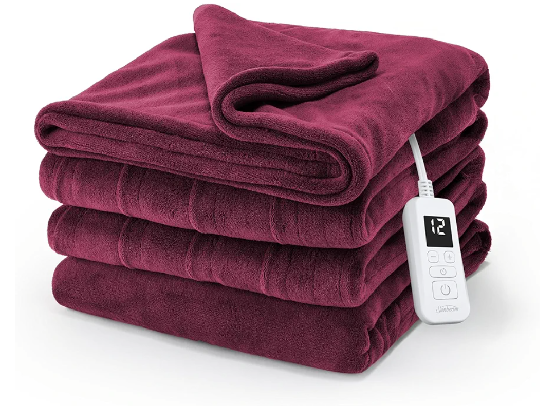 Sunbeam Electric Royal Luxe Microplush Heated Blanket, 12 Heat Settings, 12-Hour Auto Shut-Off, Fast Heating, Warm & Cozy, Machine Washable, Cabernet Color, Twin (84" x 62")