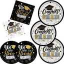 Graduation Decorations 2025 Black and Gold Grad Party Supplies with Disposable Dinner Plates, Dessert Plates and Napkins for 48 Guests - Graduation Party Decorations