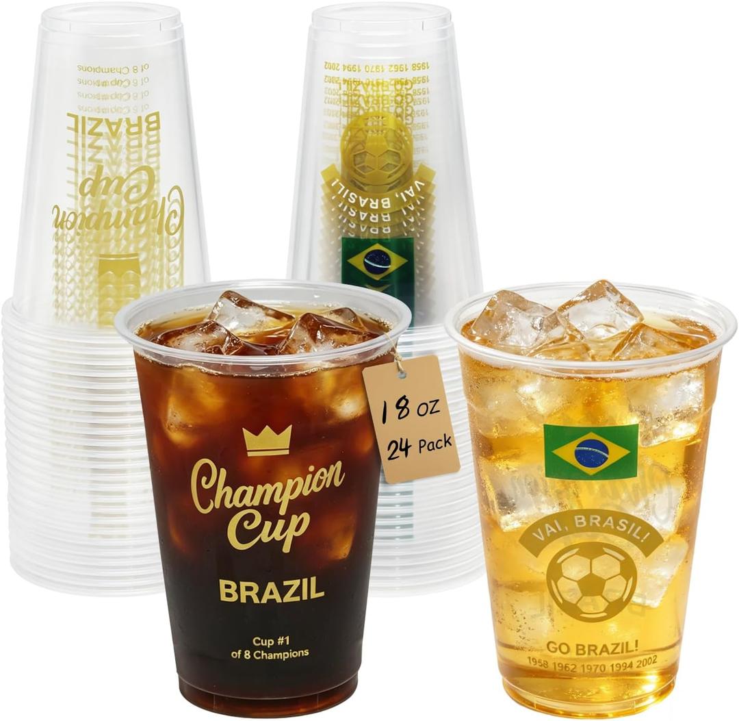 18 oz Champion Cup Salute To Brazil, 5-Time World Soccer Champion, 24-Count Disposable Plastic Party Cups, National Flag Themed for Fan Event Decorations Game-Day Festival, VAI BRASIL 2026