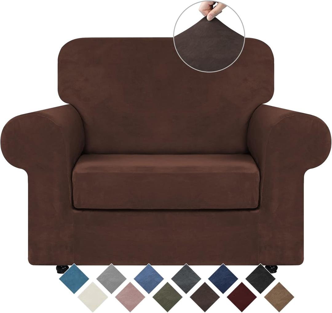 WEERRW Velvet Stretch Chair Sofa Slipcover - 2 Pieces Luxury Soft Velvet Plush Couch Cover Furniture Protector with Elastic Bottom for Pets, Machine Washable, Chocolate, Small