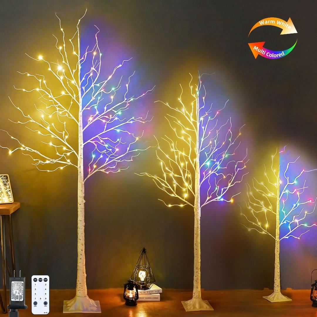 Lighted Birch Tree, Pack of 3, 4FT 6FT and 8FT Birch Tree Lights, 9Modes Timer for Indoor Outdoor Christmas Thanksgiving Home Party Wedding Decor, Warm White & Multicolor