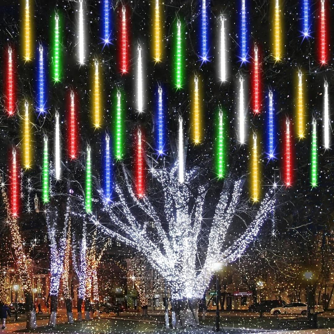 Joomer Christmas Lights Outdoor, 11.8 inch 10 Tubes 240 LED Meteor Shower Lights, LED Snow Falling Icicle Cascading Light with Timer Waterproof and Connectable for Christmas Decoration (Multicolor) (1PACK)
